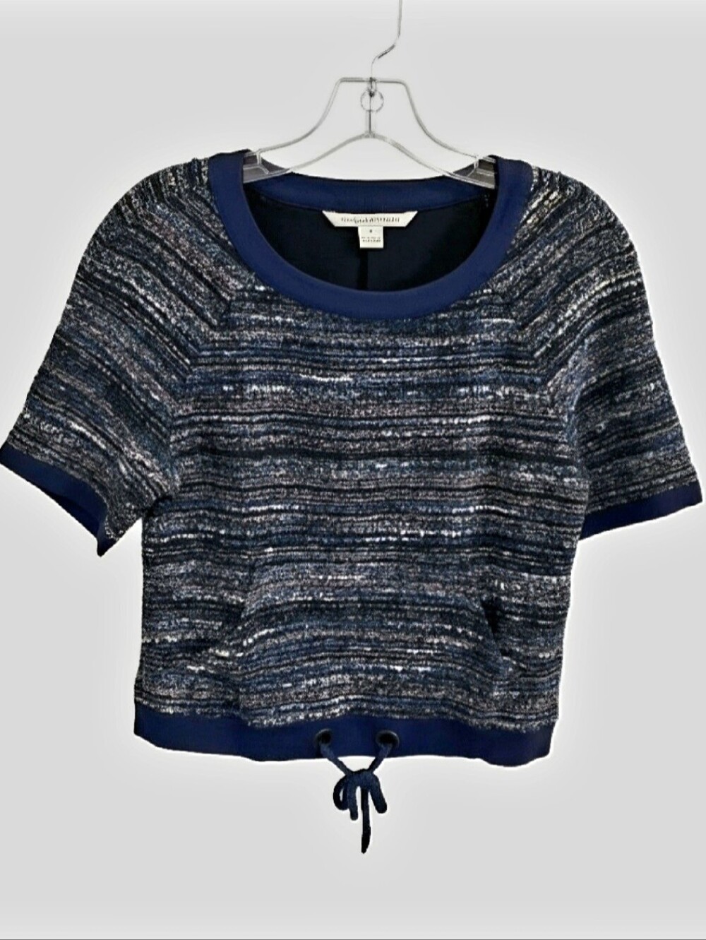 Diane von Furstenberg Boucle Tweed Short Sleeve Top Blue Size Small